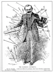 Lloyd George, przedstawiony jako męczennik, św. Sebastian, atakowany za swoją ustawę o ubezpieczeniach narodowych, która weszła w życie 15 lipca 1912 r. Ustawa o ubezpieczeniach z 1911 r.