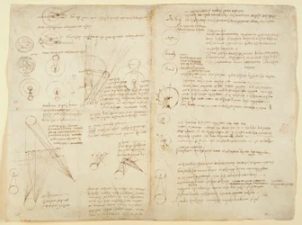 Arundel 263 f.107v f.104 Uwagi i diagramy dotyczące mechaniki, z „Codex Arundel”, c.1506-8 (pióro i atrament na papierze)