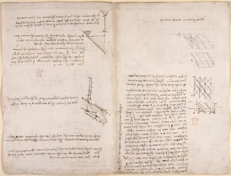 Arundel 263, f.120v, f.121 Uwagi i wykresy dotyczące mechaniki dotyczące prędkości cieczy, c.1503-6 (pióro i atrament na papierze)