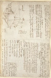 Arundel 263, f.127, Notatki i schematyczny szkic mechanicznej koparki w perspektywie (side-on), c.1503-5 (pióro i tusz na papierze)