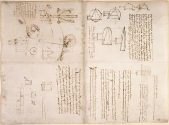 Arundel 263, f.133v, f.130r, Notatki, schematyczne szkice i diagramy z 
