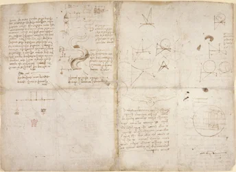 Arundel 263, f.135v, f.134, Uwagi i wykresy dotyczące mechaniki; notatki i schematyczne szkice dotyczące cieków rzecznych i przepływu wody, z 