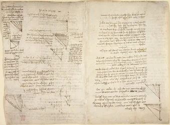 Arundel 263, f.217v, f.216 Notatki i diagramy z „Codex Arundel” (pióro i atrament na papierze)