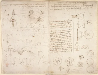 Arundel 263, f.221v, f.220 Notatki, diagramy i szkice z „Codex Arundel” (pióro i tusz na papierze)