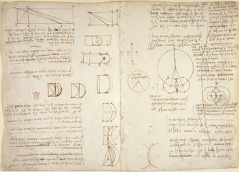Arundel 263, f.222v, f.219, Rysunki dotyczące sił i sił mechanicznych, perkusji, grawitacji, ruchu, optyki i astronomii, z różnymi twierdzeniami arytmetycznymi i geometrycznymi (pióro i tusz na papierze)