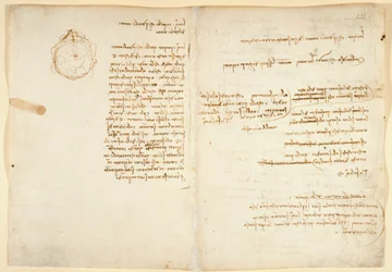 Arundel 263 f.236v, f.233 Uwagi o wodzie; szkic ilustrujący kulę ziemską z „Codex Arundel” (pióro i atrament na papierze)
