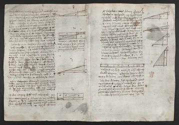 Arundel 263, f.246v Rysunki dotyczące sił i sił mechanicznych, perkusji, grawitacji, ruchu, optyki i astronomii, z różnymi twierdzeniami arytmetycznymi i geometrycznymi, ilustracja z „Księgi obserwacji” Leonarda (tusz na papierze)