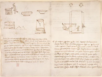 Arundel 263, f.259v, f.260 Notatki i prymitywne szkice dotyczące procesu produkcji saletry do przygotowania prochu strzelniczego (nie w ręku Leonarda) (pióro i atrament na papierze)