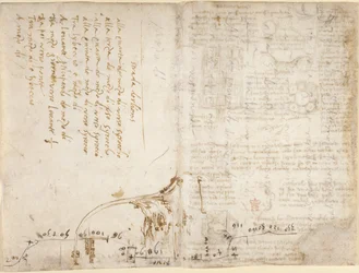 Arundel 263, f.263v, f.270 Notatka i szkic opisujący trasę „Drogi do Orleanu” z miasta Romorantin (autorstwa Francesco Melzi) (strona na boku), z „Codex Arundel” (pióro i atrament na papierze )