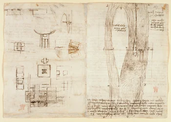 Arundel 263, f.264v Rysunki na temat sił i sił mechanicznych, perkusji, grawitacji, ruchu, optyki i astronomii, z różnymi twierdzeniami arytmetycznymi i geometrycznymi.