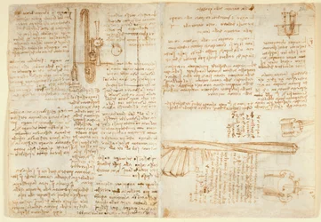 Arundel 263 f.269v, f.264 Notatki i szkic na urządzeniu hydraulicznym z „Codex Arundel” (pióro i atrament na papierze)