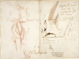 Arundel 263, f.275v, f.274 Szkic planimetryczny rzeki Arno; notatki dotyczące odległości i kierunków