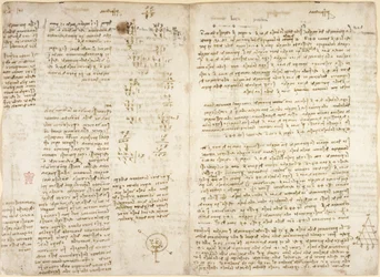 Arundel 263, f.279v f.280, Notatki, obliczenia matematyczne i diagram zatytułowany „prespectiva”, o piramidach „kaustycznych”, mechanika (w odniesieniu do Archimedesa), astronomia i mechanika, c.1515 (pióro i atrament na papierze)