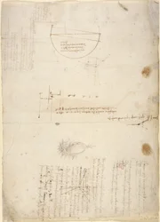 Arundel 263, f.33v Uwagi i diagramy dotyczące mechaniki, z „Codex Arundel” (pióro i atrament na papierze)