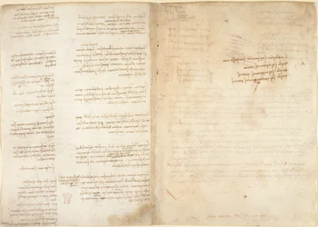 Arundel 263, f.37v, f.38r Uwagi na temat mechaniki, z „Codex Arundel”, c.1495-7 (pióro i atrament na papierze)