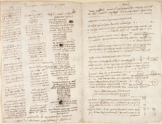 Arundel 263, f.42v, f.43 Krótkie teksty przepowiedni Leonarda („Profetie”) z „Codex Arundel” (pióro i atrament na papierze)