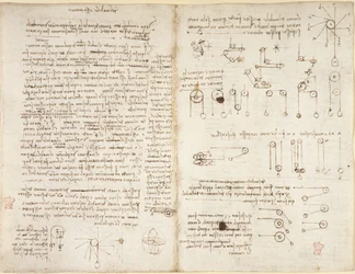 Arundel 263, f.43v, f.42, Notatki i diagramy dotyczące mechaniki, zatytułowane „Del mobile essu motore” z „Codex Arundel” (pióro i atrament na papierze)