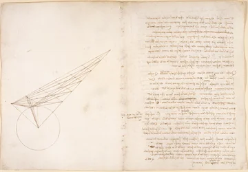 Arundel 263, f.46v, f.57 Schemat optyki, dotyczący problemu Alhazena, z „Codex Arundel” (pióro i atrament na papierze)