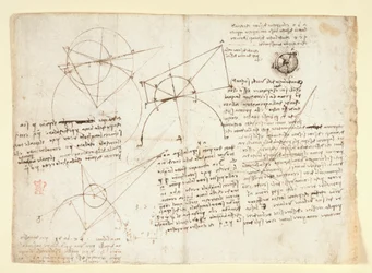Arundel 263, f.64v Odwrotna strona pojedynczego dużego arkusza, poprzednio oprawiona wzdłuż prawej krawędzi i złożona do zeszytu. Notatki i diagramy dotyczące optyki, dotyczące problemu Alhazena; schematyczny szkic gałki ocznej wraz z notatkami odnoszącymi