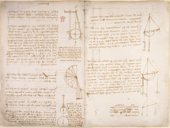 Arundel 263, f.67v, f.66 Uwagi i diagramy dotyczące mechaniki, z „Codex Arundel”, c.1503-5 (pióro i atrament na papierze)