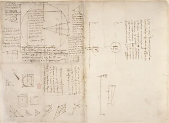 Arundel 263, f.72v, f.69 Uwagi i diagramy dotyczące mechaniki i środka ciężkości, z „Codex Arundel”, c.1503-5 (pióro i atrament na papierze)