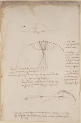 Arundel 263, f.85 Diagramy dotyczące optyki, dotyczące kaustyki odbicia; uwaga i szkic na temat mechaniki, dotyczący siły perkusji oraz z odniesieniami do zasady Arystotelesa „ogni attione facta dalla natura è facta nel più brieve modo”, c