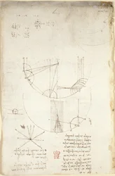 Arundel 263, f.85v Diagramy dotyczące optyki, dotyczące kaustyki odbicia; notatka i szkic dotyczący mechaniki, dotyczący siły perkusji oraz z odniesieniami do arystotelesowskiej zasady „ogni attione facta dalla natura è facta nel più brieve modo”,
