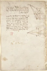 Arundel 263, f.93v Uwagi i schematyczny szkic optyki; dopisek „N.la di Pit.ra”