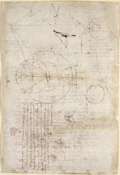 Arundel 263, f.95v Uwagi i diagramy dotyczące optyki, dotyczące problemu Alhazena; dwa szkice przedstawiające struktury kratowe, z „Codex Arundel”, c.1506-08 (pióro i atrament na papierze)