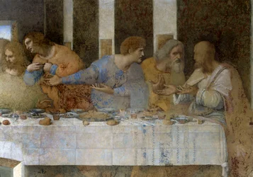Fragment Wieczerzy (Il Cenacolo (Ostatnia Wieczerza)) przedstawiający od lewej do prawej apostołów Tomasza, Jakuba Większego, Filipa, Mateusza, Judasza Tadeusza i Szymona Zelotę. 1495 - 1498. Fresk Leonarda da Vinci. Refektarz kościoła Mariackiego
