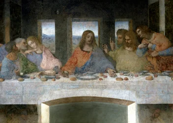 Fragment Cene (Il Cenacolo (Ultima Cena)) przedstawiający po lewej stronie apostołów Judasza, Piotra i Jana, Chrystusa w środku oraz apostołów Tomasza, Jakuba Większego i Filipa. Litera V między Janem a Chrystusem odnosiłaby się do kielicha Graala lub