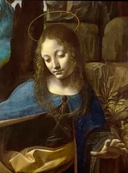 Detal głowy Matki Boskiej, z obrazu Madonna w grocie (Matka Boska z małym świętym Janem adorującym Dzieciątko Chrystus w towarzystwie anioła), detal, ok. 1508