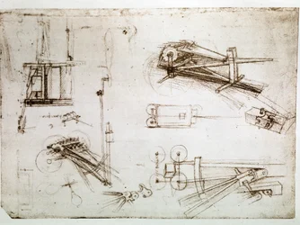 Fragment manuskryptu Da Vinci opisującego budowę "wózka dla armaty" (manuskrypt)
