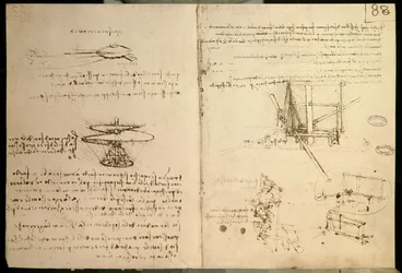 Maszyny latające, jeden z pierwszych rysunków maszyny latającej podobnej do helikoptera, ok. 1487