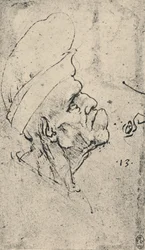 Groteskowy profil mężczyzny noszącego kapelusz po prawej stronie, c1480 1945