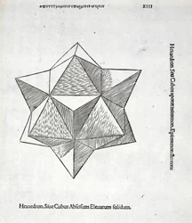 Heksaedron odciętej, podwyższonej bryły, ilustracja z „Boskiej proporcji” Luca Pacioli (ok. 1445-1517), pierwotnie wyd. Wenecja, 1509