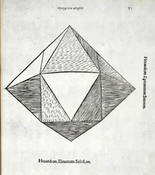 Hexaedron podwyższony solidus, ilustracja z „Boskiej proporcji” Luca Pacioli (ok. 1445-1517), pierwotnie wyd. Wenecja, 1509