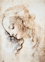 Leonardo da Vinci (1452-1519): Portret dziewczyny o zamkniętych oczach i pochylonej głowie, z włosami ozdobionymi opaską wzbogaconą biżuterią (Immagina)