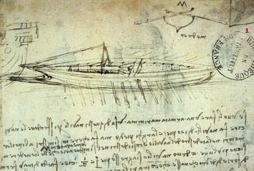 Studium łodzi wyposażonej w serię wioseł autorstwa Leonarda de Vinci (Leonardo da Vinci) (1452 - 1519). Rysowanie piórem i atramentem. Rękopis. Biblioteka Instytutu Francji. Paryż.