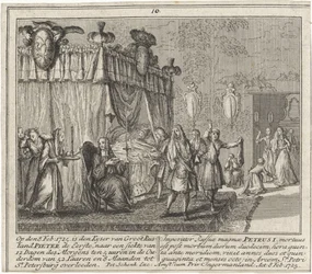 La mort de Pierre I le Grand, le 8 fevrier 1725 - Śmierć Piotra Wielkiego 8 lutego 1725 r. przez Schenka, Leonarda (1696-1767). Grawerowanie miedzi