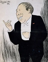 Aktor Alexandre Coquelin, znany jako Coquelin Cadet (1848-1909) w karykaturze Leonetto Cappiello (1875-1942) z 1899 roku