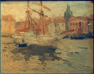 Włoski port ze szkunerem o kwadratowym żaglu