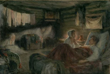 Natasza i ranny książę Andriej w Mytiszczi. Ilustracja do powieści Wojna i pokój, 1893.