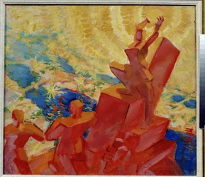 W słońcu (Do słońca). Kolorowy pejzaż z jedną z postaci trzymającą w dłoniach słońce. Malarstwo Leonida Terentlewicza Chupyatova (1890-1941). Olej na płótnie