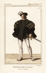 Franciszek III, książę Bretanii 1518-1536. Francois, delfin wiedeński i książę Bretanii. Ręcznie kolorowana litografia autorstwa J.B. Gautier według portretu z teki Rogera de Gainieresa VIII 14 z książki Le Bibliophile Jacob alias Paula Lacroix Costumes Hi