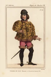 Pierre de Giac, szambelan króla Karola VII w latach 1377-1426. Wykonany przez utonięcie w Dun-Le-Roi. Nosi krótką sutannę z rękawami mahoitresowymi, różowe pantalony i buty z ostrogami. Litografia ręcznie kolorowana według miniatury w rękopisie Histoire du
