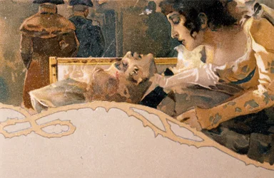 Pocztówka ilustrowana Leopoldo Metlicovitz (1868-1944) przedstawiająca sceny z Toski, opera Giacomo Pucciniego (1858-1924)