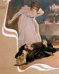 Pocztówka ilustrowana Leopoldo Metlicovitz (1868-1944) przedstawiająca sceny z Toski, opera Giacomo Pucciniego (1858-1924)