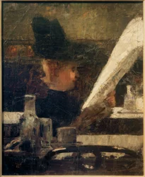 Czytelnik gazet w kawiarni (pani w kawiarni)