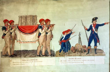 Niesienie modelu Bastylii i żołnierz wygłaszający wykład dla dzieci, ok. 1790 (gwasz na papierze)